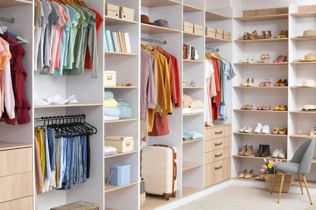 Image of a beautiful custom closet with shoes, clothes and other accessories