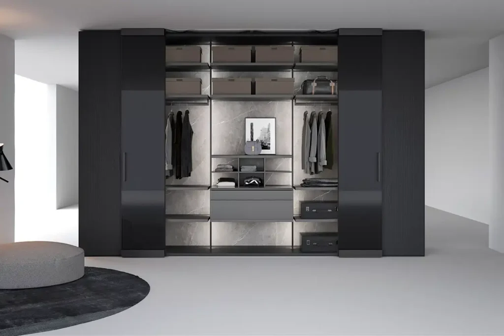 Image of bifold closet doors with a very modern closet