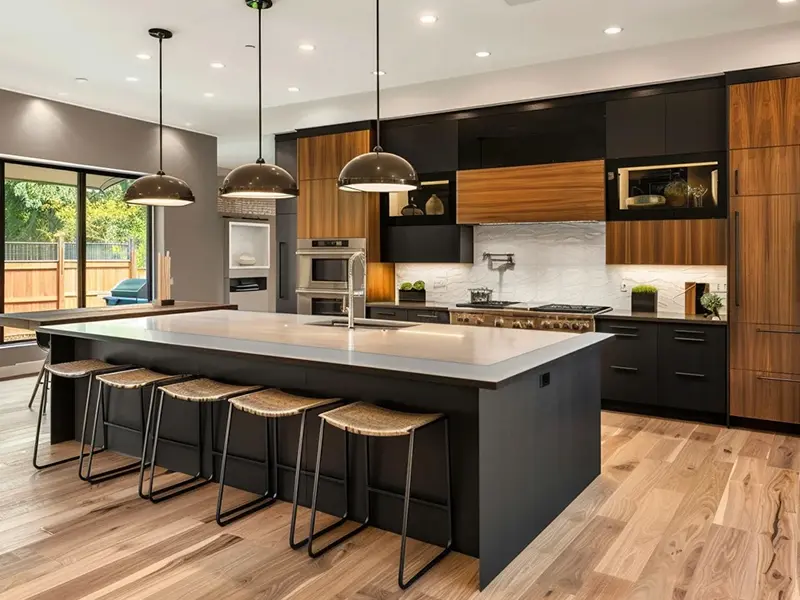 black and wood kitchen cabinets