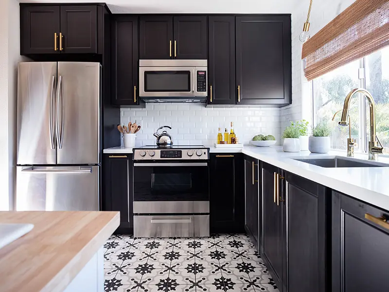 black kitchen cabinets with white countertops