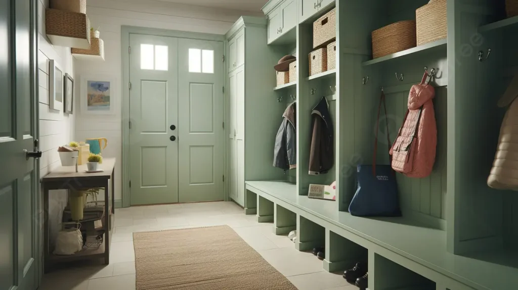 Image of a green-colored mudroom closet looking beautiful