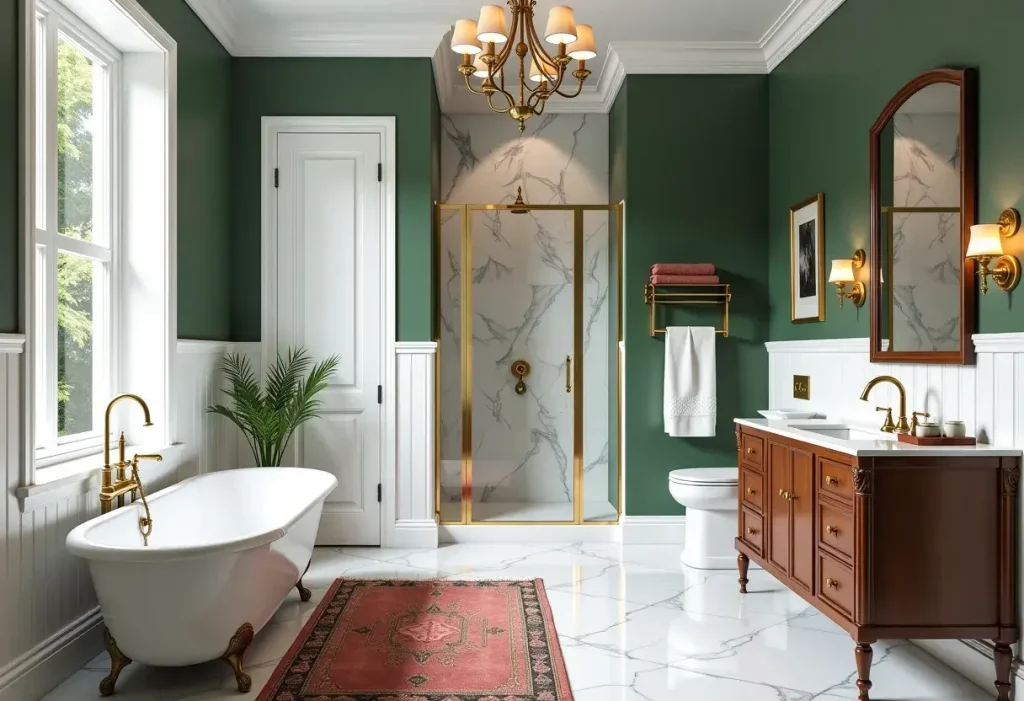 A luxury green bathroom with forest green wall, white marble floor, and brown cabinets