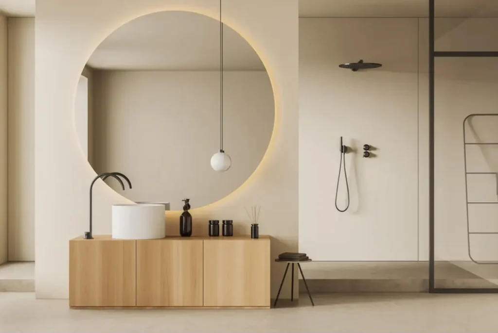 A large-sized round mirror with an LED strip light around it in a spacious bathroom